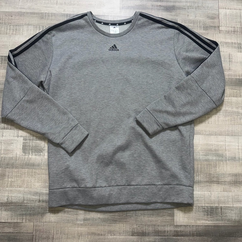 Adidas Sweatshirt Mens Extra Large Gray 3-Stripe Crewneck Fleece Pullover Logo